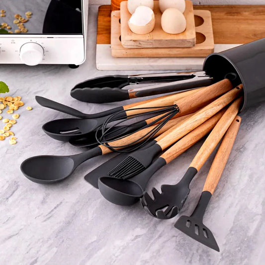 12Pcs/Set Wooden Handle Silicone Kitchen